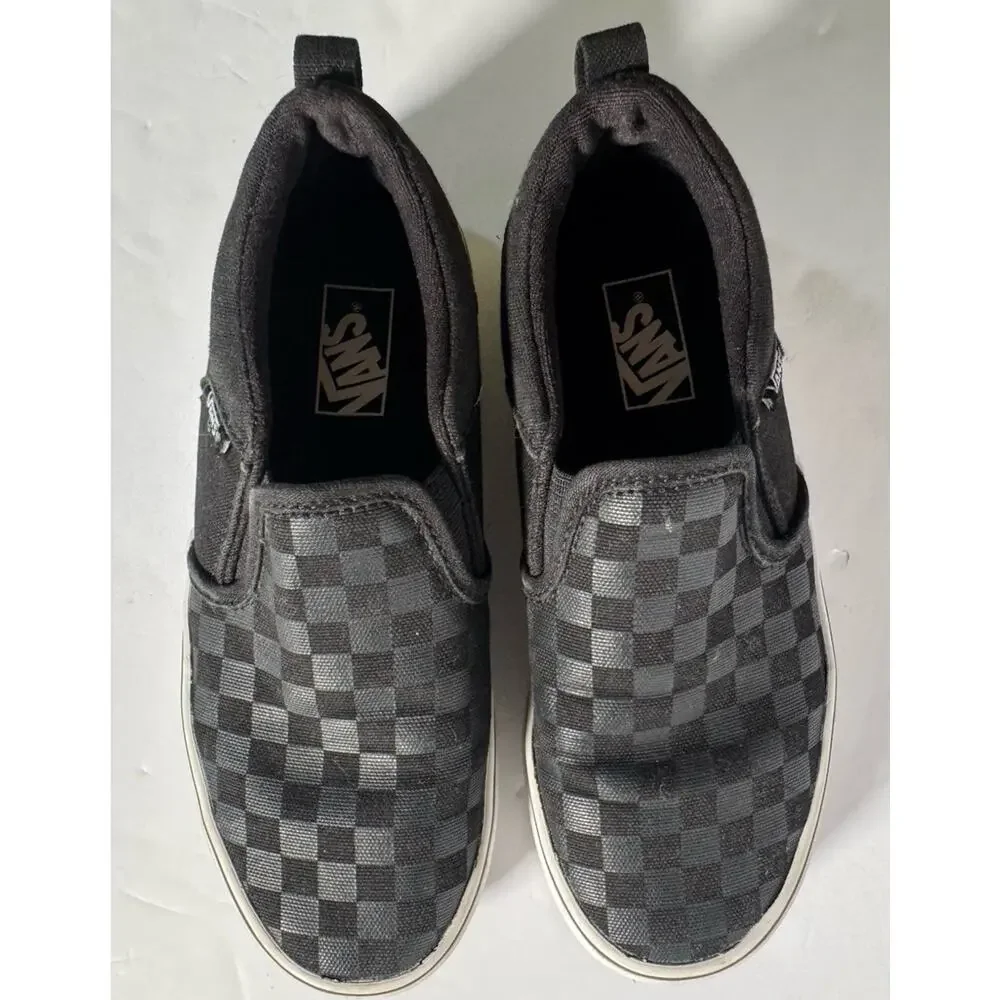 Vans Youth 3 Black Gray Checkerboard Slip On Skate Shoes Sneakers